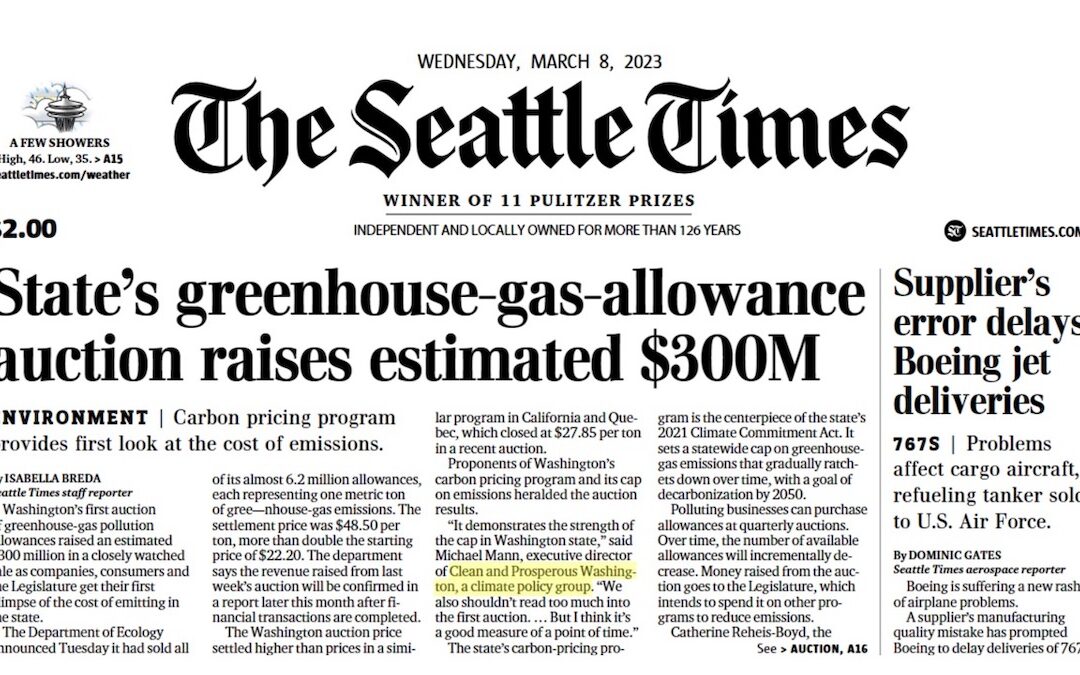 Seattle Times: WA’s first greenhouse-gas-allowance auction raises estimated $300 million